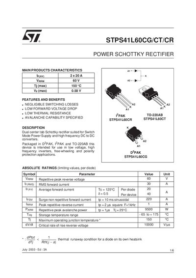 STMICROELECTRONICS STPS41L60CG/CT/CR handbook - cover page