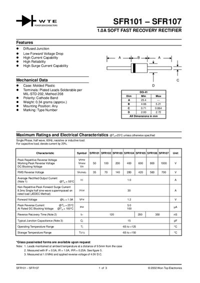 WTE SFR101‑SFR107 Power Semiconductor Datasheet - cover page