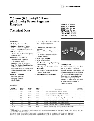 Agilent 7.6 mm (0.3 inch)/10.9 mm (0.43 inch) Seven Segment Displays Technical Data - cover page