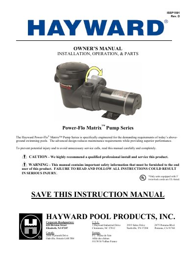 Hayward ISSP1591 Power-Flo Matrix Pump Owner's Manual - cover page
