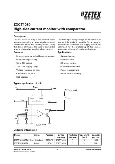 Zetex ZXCT1030 High-side current monitor with comparator Datasheet - cover page