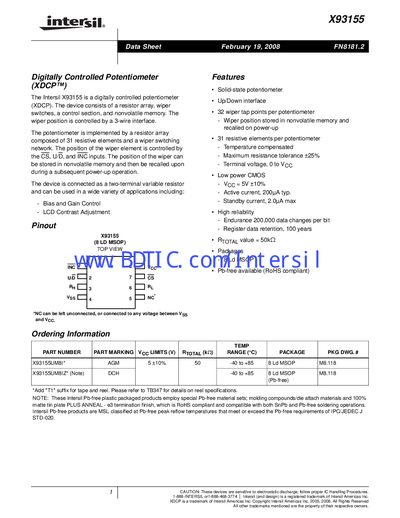Intersil X93155 Digitally Controlled Potentiometer Datasheet - cover page