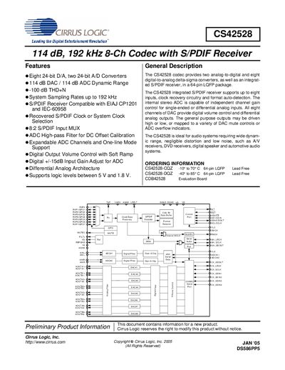 Cirrus Logic CS42528 114 dB 192 kHz 8‑Ch Codec with S/PDIF Receiver Datasheet - cover page