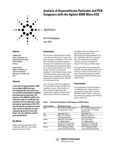 Agilent 6890 Micro-ECD Analysis of Organochlorine Pesticides Application Note - cover page