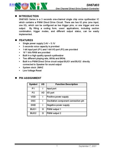 SONIX SN67D03 One Channel Direct Drive Speech Controller Datasheet - cover page