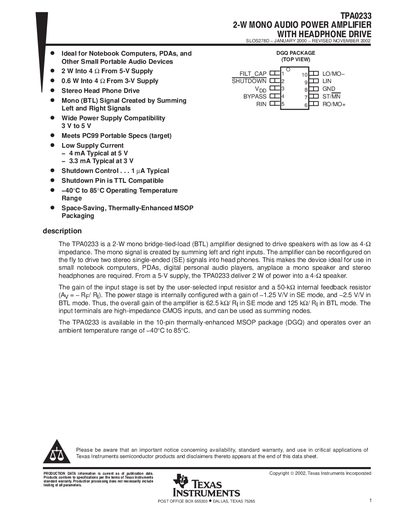 Texas Instruments TPA0233 2‑W Mono Audio Power Amplifier Datasheet - cover page