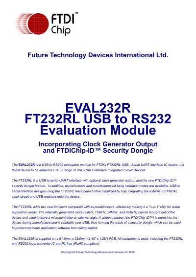 FTDI EVAL232R FT232RL USB to RS232 Evaluation Module Incorporating Clock Generator Output FTDIChip-ID Security Dongle - cover page