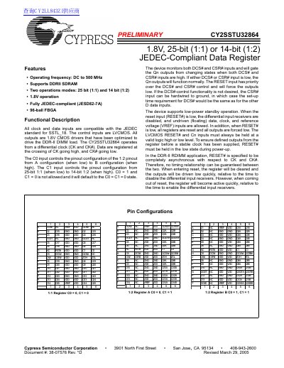 Cypress CY2SSTU32864 Data Register Datasheet - cover page