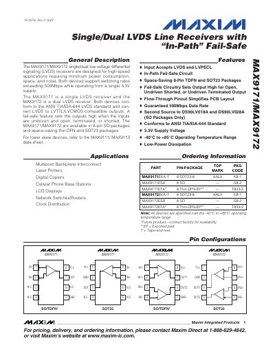 Maxim MAX9171/MAX9172 Single/Dual LVDS Line Receivers Datasheet - cover page