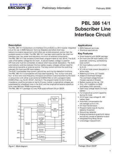 ERICSSON PBL 386 14/1 Subscriber Line Interface Circuit - cover page
