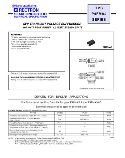 RECTRON P4FMAJ Series Transient Voltage Suppressor Datasheet - cover page