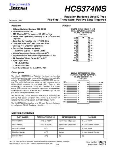 Intersil HCS374MS Radiation Hardened Octal D-Type Flip-Flop Datasheet - cover page