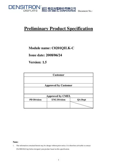 Densitron C0201QILK-C OLED Display Datasheet - cover page