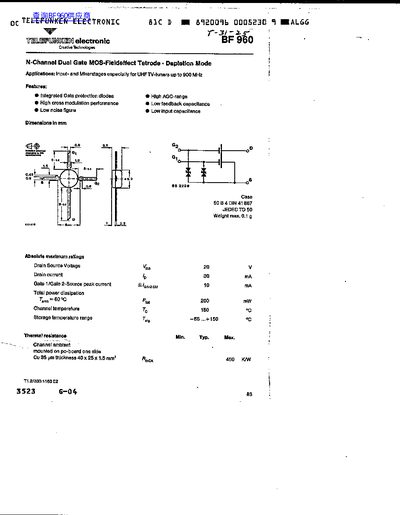 Telefunken BF 960 N-Channel Dual Gate MOS-FET Datasheet - cover page