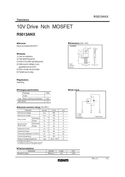 ROHM R5013ANX N-Channel MOSFET Datasheet - cover page