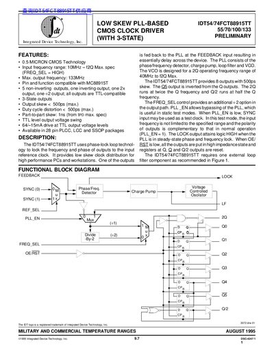 IDT IDT54/74FCT88915TT 55/70/100/133 PRELIMINARY handbook - cover page