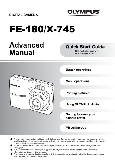 Olympus FE-180/X-745 Digital Camera Advanced Quick Start Guide - cover page