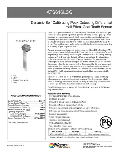 Allegro MicroSystems ATS616LSG Hall Effect Gear Tooth Sensor Datasheet - cover page