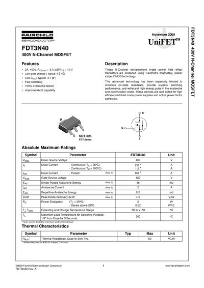 Fairchild Semiconductor FDT3N40 400V N-Channel MOSFET Datasheet - cover page