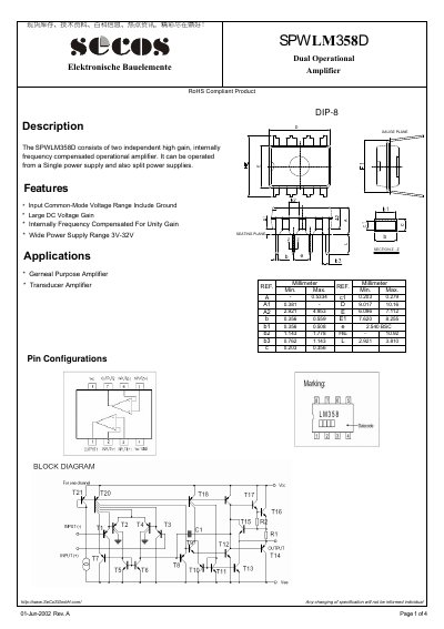 SECOS SPWLM358D Dual Operational Amplifier Datasheet - cover page