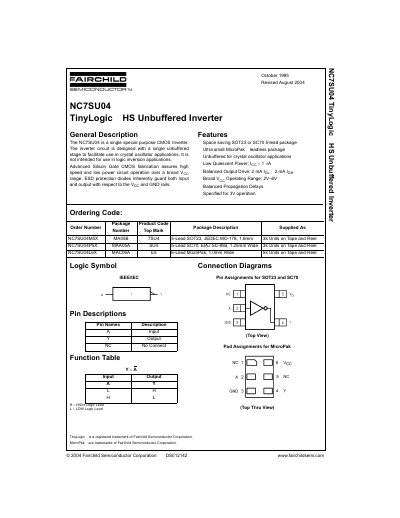 Fairchild NC7SU04 TinyLogic HS Unbuffered Inverter Datasheet - cover page