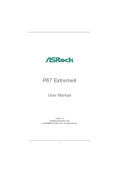 ASRock P67 Extreme4 Motherboard User Manual - cover page