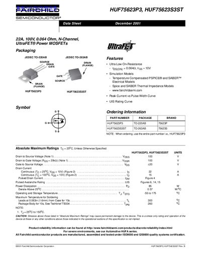 Fairchild Semiconductor HUF75623P3/HUF75623S3ST N-Channel Power MOSFET Datasheet - cover page