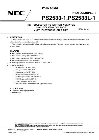 NEC PS2533-1 / PS2533L-1 Photo Coupler Datasheet - cover page