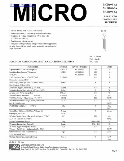 Micro MCR100-4A/-6A/-8A SCR Datasheet - cover page