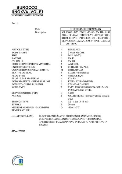 Burocco 3000 Series Pneumatic Valve Data Sheet - cover page
