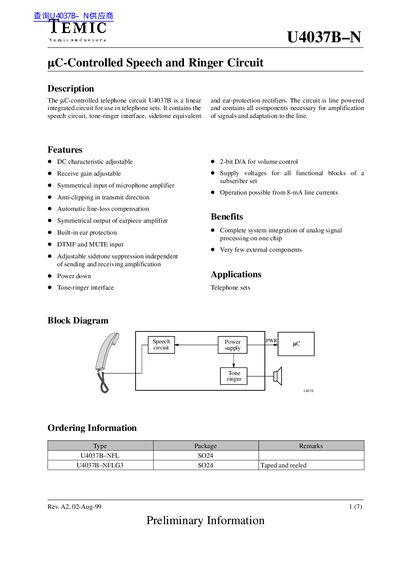 TEMIC U4037B-N Datasheet - cover page