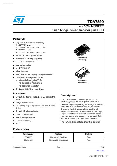 STMicroelectronics TDA7850 4 x 50W MOSFET Quad Bridge Power Amplifier Datasheet - cover page