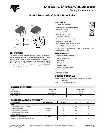 Vishay LH1502BAC, LH1502BACTR, LH1502BB Solid State Relay Handbook - cover page