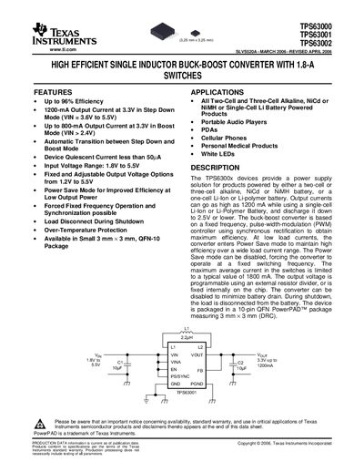TEXAS INSTRUMENTS - TPS63000 TPS63001 TPS63002HIGH EFFICIENT SINGLE INDUCTOR BUCK-BOOST CONVERTER WITH 1.8-A SWITCHES handbook 
