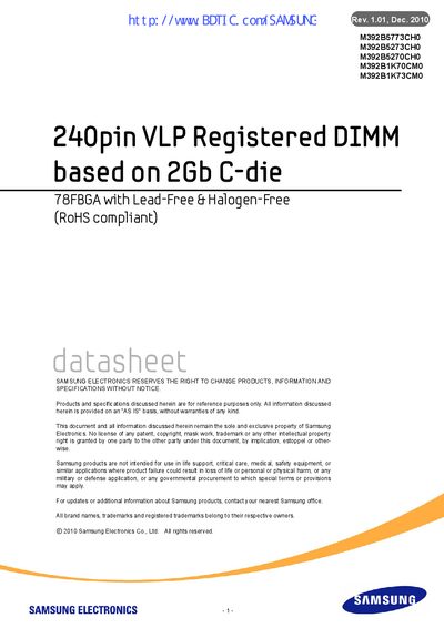 Samsung M392B1K70CM0 DDR3 VLP Registered DIMM Datasheet - cover page
