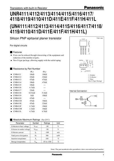 Panasonic UNR4111/4112/4113/4114/4115/4116/4117/ 4118/4119/4110/411D/411E/411F/411H/411L (UN4111/4112/4113/4114/4115/4116/4117/4118/ 4119/4110/411D/411E/411F/411H/411L) Data Sheet  - cover page