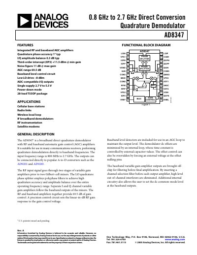 Analog Devices AD8347 Direct Conversion Quadrature Demodulator Datasheet - cover page