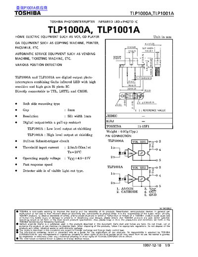 Toshiba TLP1000A/TLP1001A Datasheet - cover page