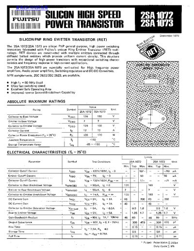 Fujitsu 2SA1072/2SA1073 Silicon PNP Ring Emitter Transistor Datasheet - cover page