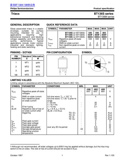 Philips BT136S/BT136M Series Triacs Product Specification - cover page