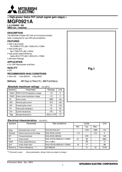 Mitsubishi MGF0921A GaAs FET Datasheet