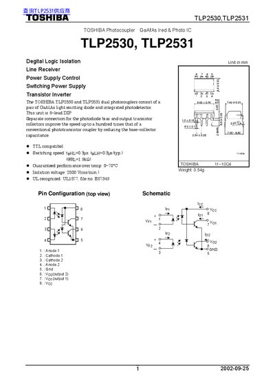 Toshiba TLP2530/TLP2531 Photocoupler Datasheet