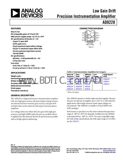 Analog Devices AD8228 Instrumentation Amplifier Datasheet - cover page