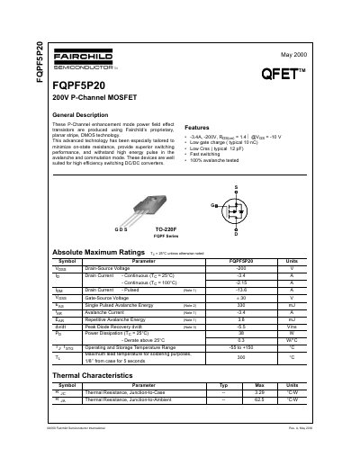 Fairchild FQPF5P20 200V P-Channel MOSFET Datasheet