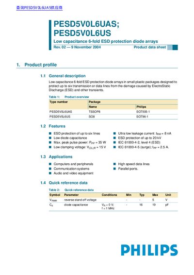 Philips PESD5V0L6UAS/PESD5V0L6US Low Capacitance 6-Fold ESD Protection Diode Arrays Datasheet - cover page