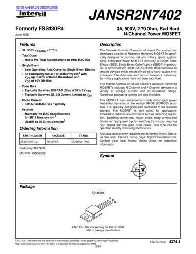 intersil JANSR2N7402 3A 500V 2.70 Ohm Rad Hard N-Channel Power MOSFET handbook - cover page