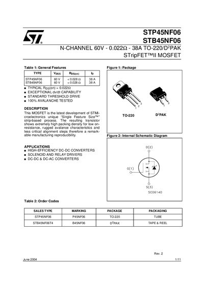 STMicroelectronics STP45NF06 / STB45NF06 Datasheet - cover page