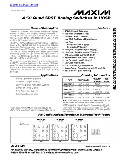 Maxim MAX4737/MAX4738/MAX4739 Quad SPST Analog Switches Datasheet - cover page