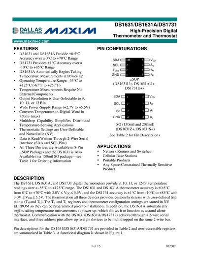 Maxim DS1631/DS1631A/DS1731 High‑Precision Digital Thermometer and Thermostat Datasheet - cover page