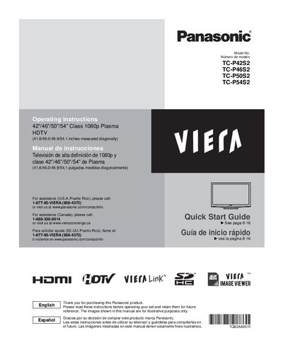 Panasonic TC-P42S2/TC-P46S2/TC-P50S2/TC-P54S2 Quick Start Guide